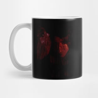 Portrait, collage, special processing. Man, dark costume, long hair, looking down. On left demon of gold. Red. Mug